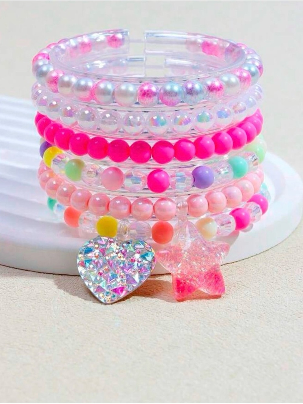 Girls Multicolor Beaded Charm Bracelet Set - Pink Accent